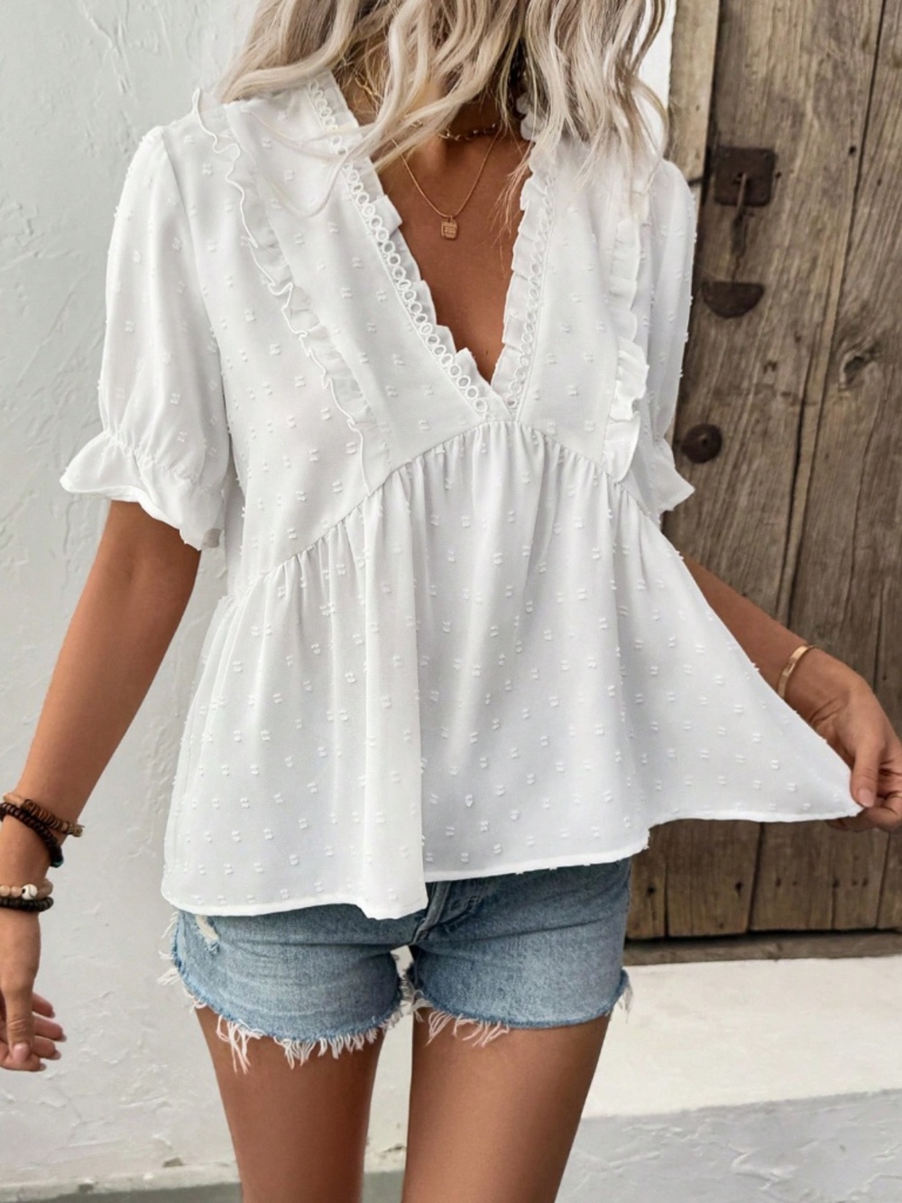 White Babydoll Swiss Dot V-Neck Short Puff Sleeve Top Shirt Frill Ruffle Trim - Picture 3 of 8